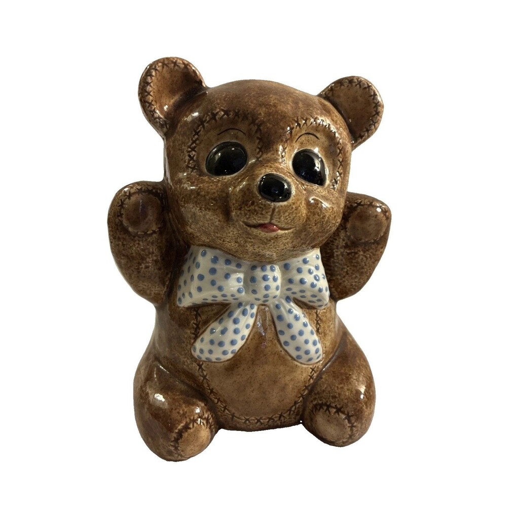 Vtg 1980s Ceramic Teddy Bear Figurine Bow Stitched Brown Glaze Nursery Decor
